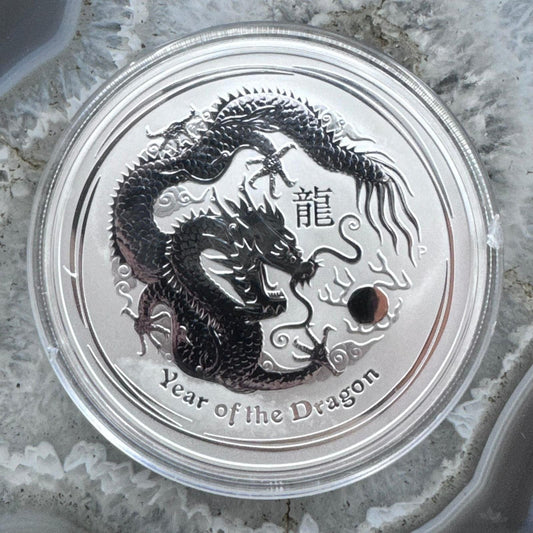 2012 Year Of The Dragon Australia 2 Ounces .999 Fine Silver Round Encapsulated.