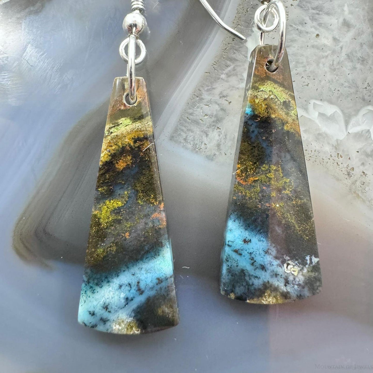 Sterling Silver Elongated Triangle Chrysocolla Slab Dangle Earrings For Women #225