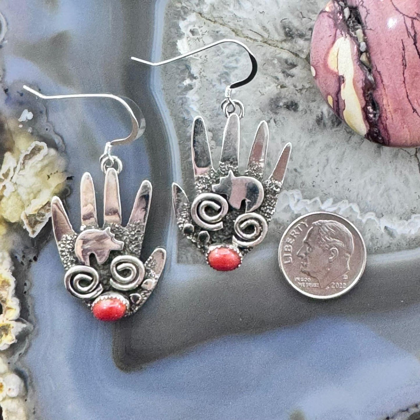 Alex Sanchez Sterling Silver Ancestors Hand Petroglyph w/Coral Dangle Earrings For Women #1