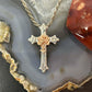 Sterling Silver Hammered Decorated Cross Pendant with Copper Rose For Women