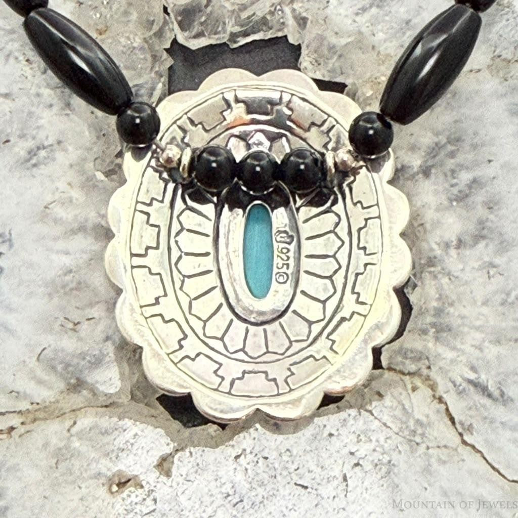 Carolyn Pollack Sterling Silver Turquoise Concho Pendant on Onyx Beads Necklace For Women