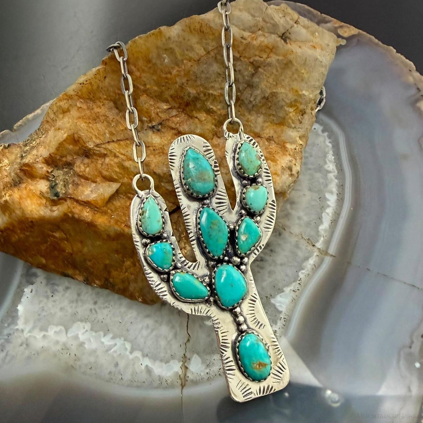 Sterling Southwestern Style Kingman Turquoise Cactus Pendant 20.5" Necklace