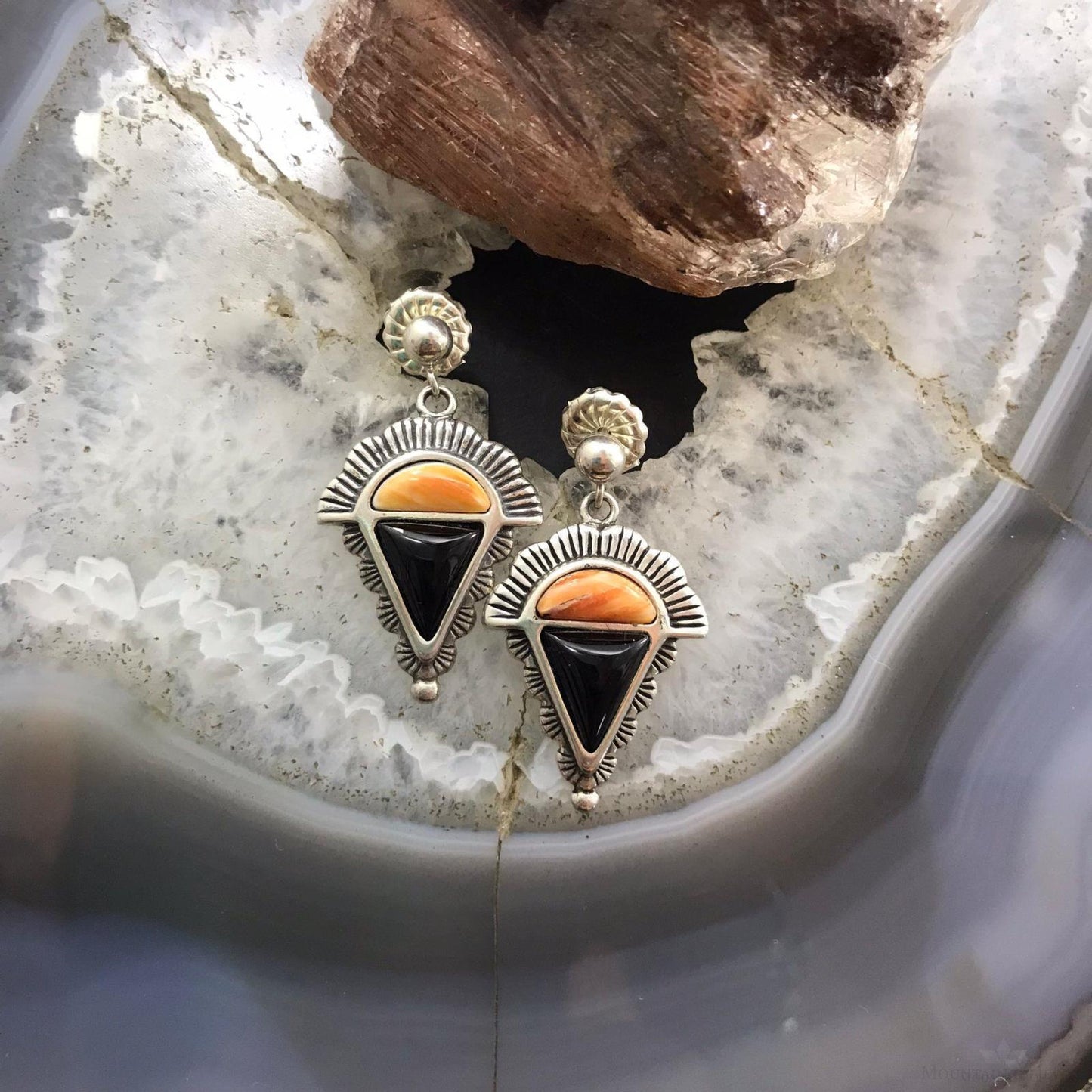 Carolyn Pollack Sterling Silver Orange Spiny Oyster & Onyx Decorated Dangle Earrings