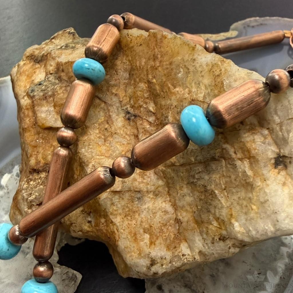 Southwestern Style 5-6mm Copper Navajo Pearl Round & Cylinder w/Royal Beauty Turquoise 20" Necklace For Women