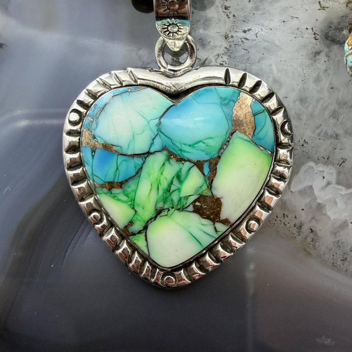 Sterling Silver Southwestern Style Mohave Green Turquoise Heart Pendant For Women