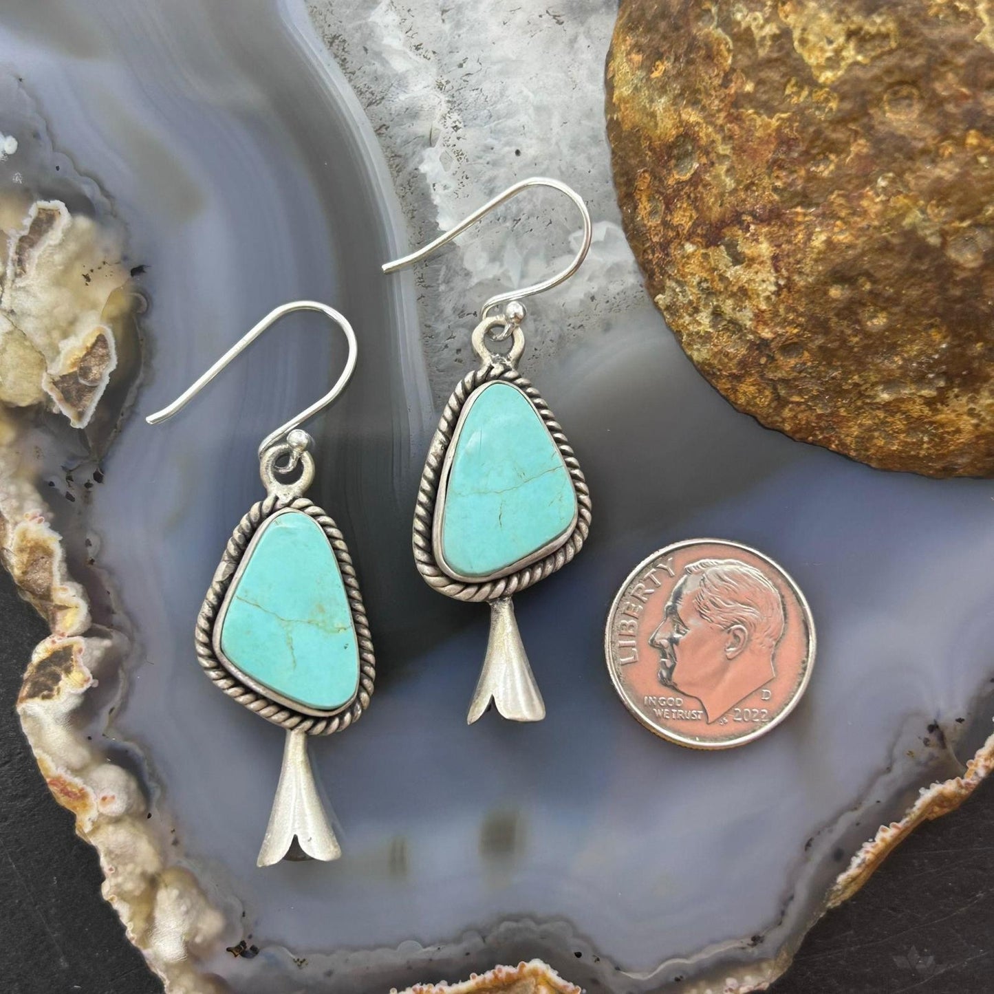 Sterling Silver Southwestern Style Turquoise Squash Blossom Dangle Earrings For Women #2
