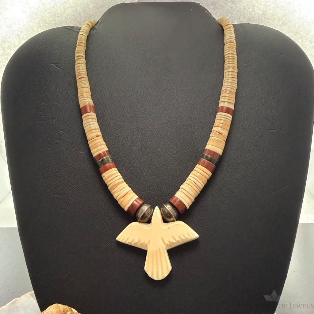 Vintage Native American Shell Beads & Jasper w/ Bird Pendant Necklace For Women