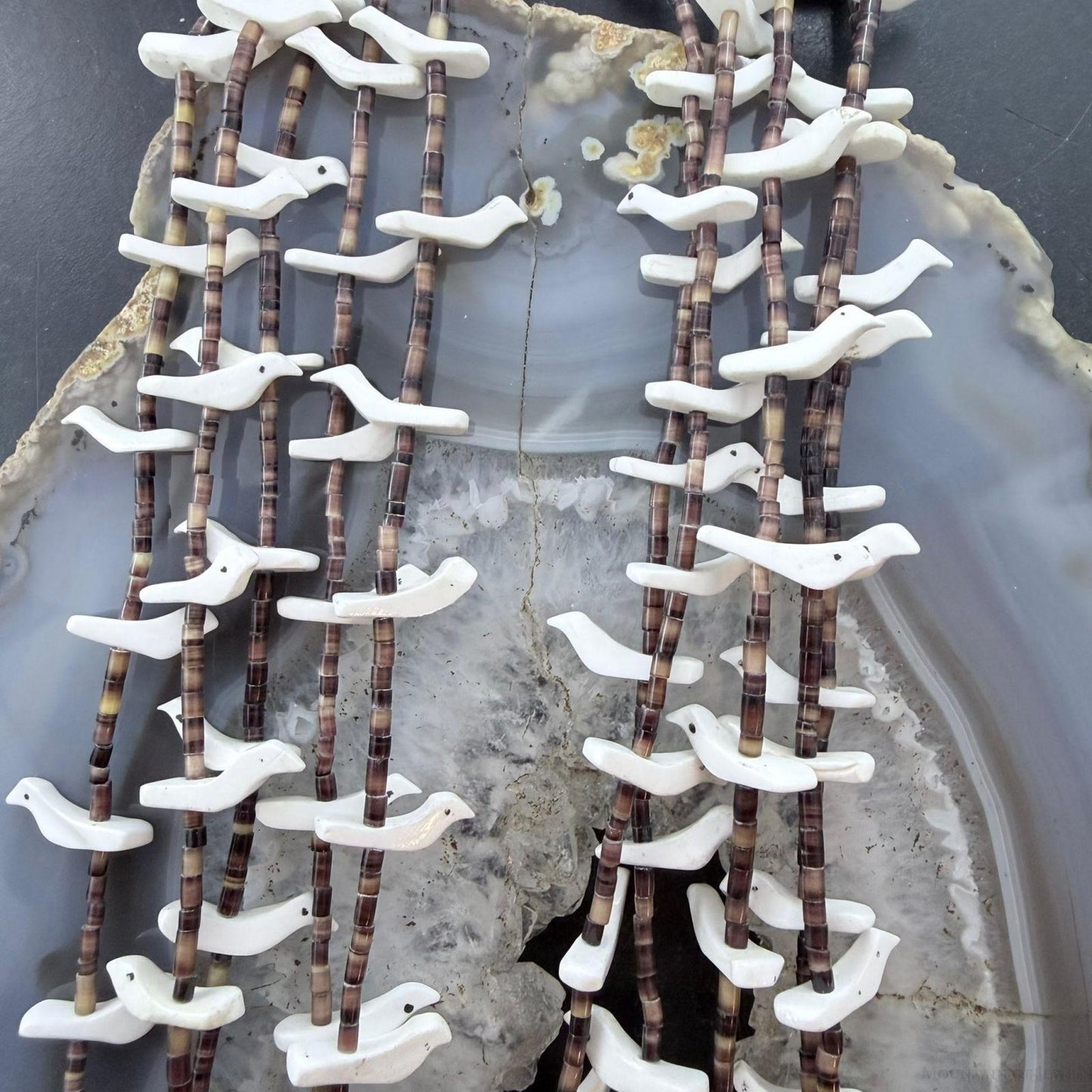 Vintage native American Sterling Silver 5 Strands White Shell Carved Fetish Bird Necklace For Women
