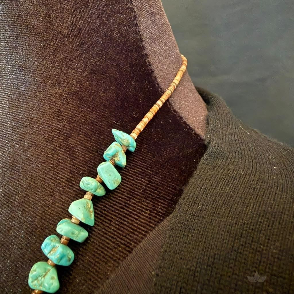 Vintage Native American Chunky Turquoise & Heishi Shell 28" Necklace For Women