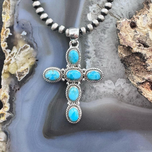 Sterling Silver Southwestern Style 6 Oval Turquoise Decorated Unisex Cross Pendant