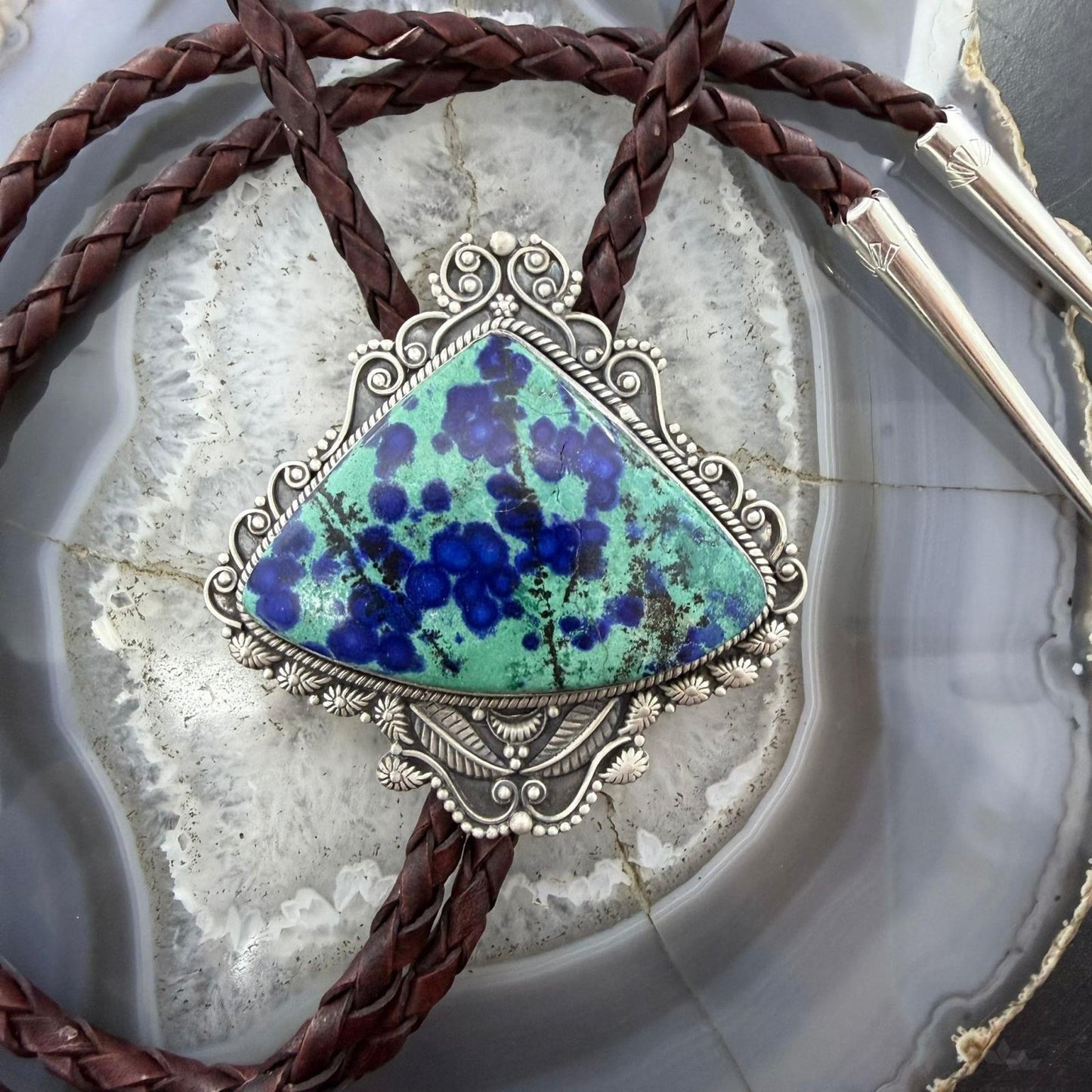 Sterling Silver Southwestern Style Large Triangle Malachite Azurite Bolo Tie For Men