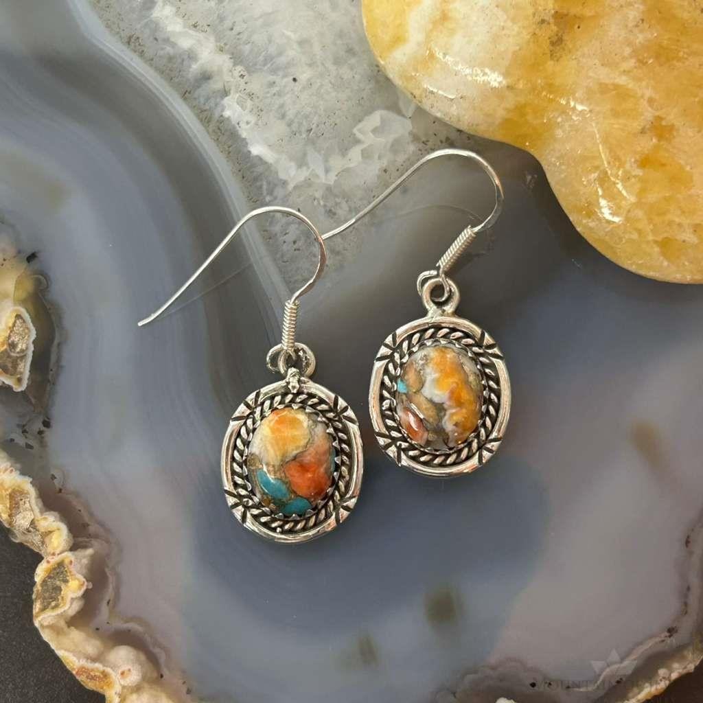 Sterling Silver Southwestern Style Spiny Oyster Turquoise Dangle Earrings For Women #2