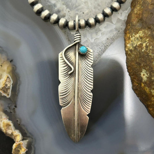 Chris Charley Native American Sterling Turquoise Dot Feather Unisex Pendant