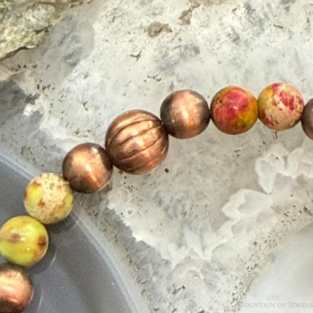 Southwestern Style Copper 6-8mm Navajo Pearl Beads & 6mm Jasper Stretch Bracelet For Women