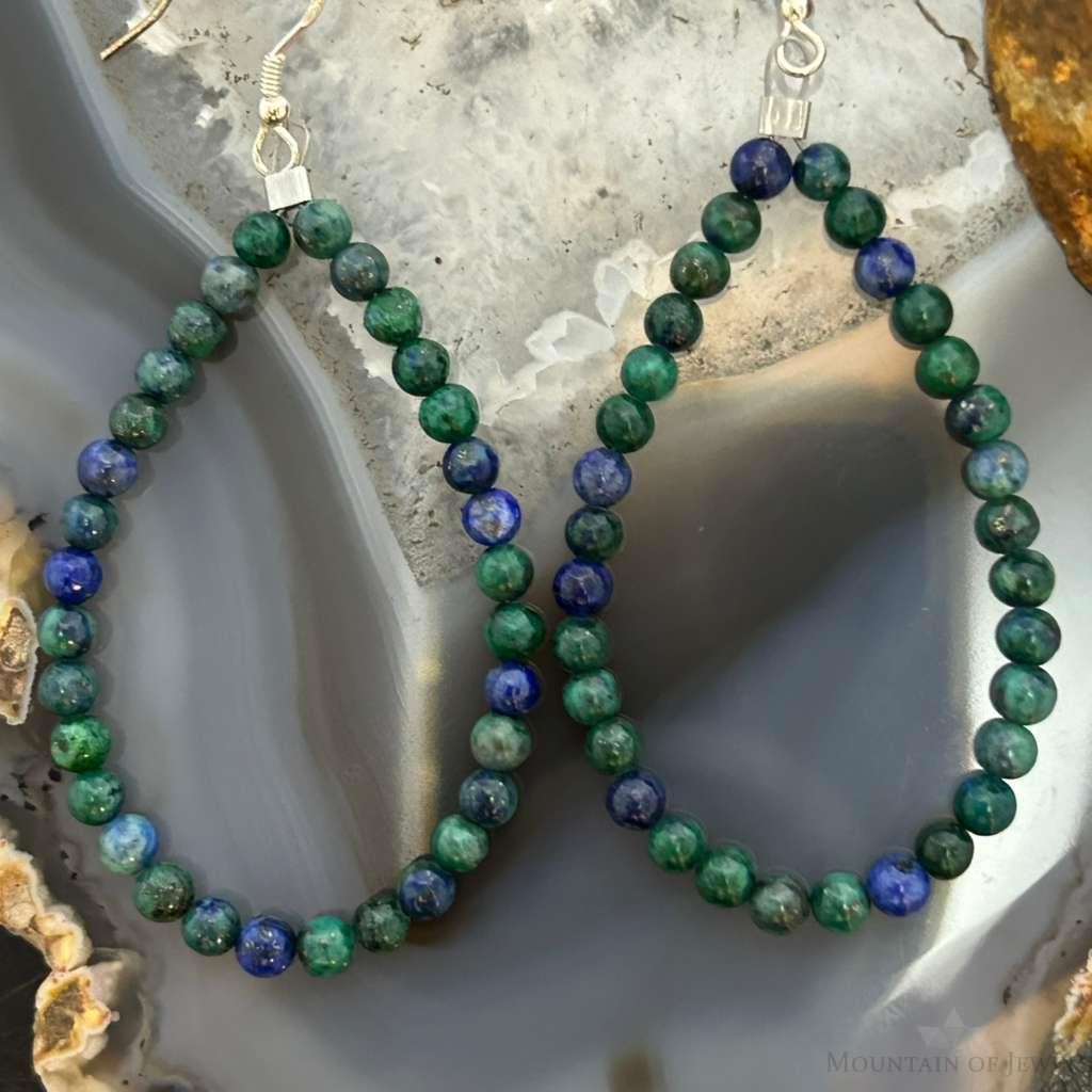 Sterling Silver 4mm Rounded Azurite Malachite Hoop Dangle Earrings For Women