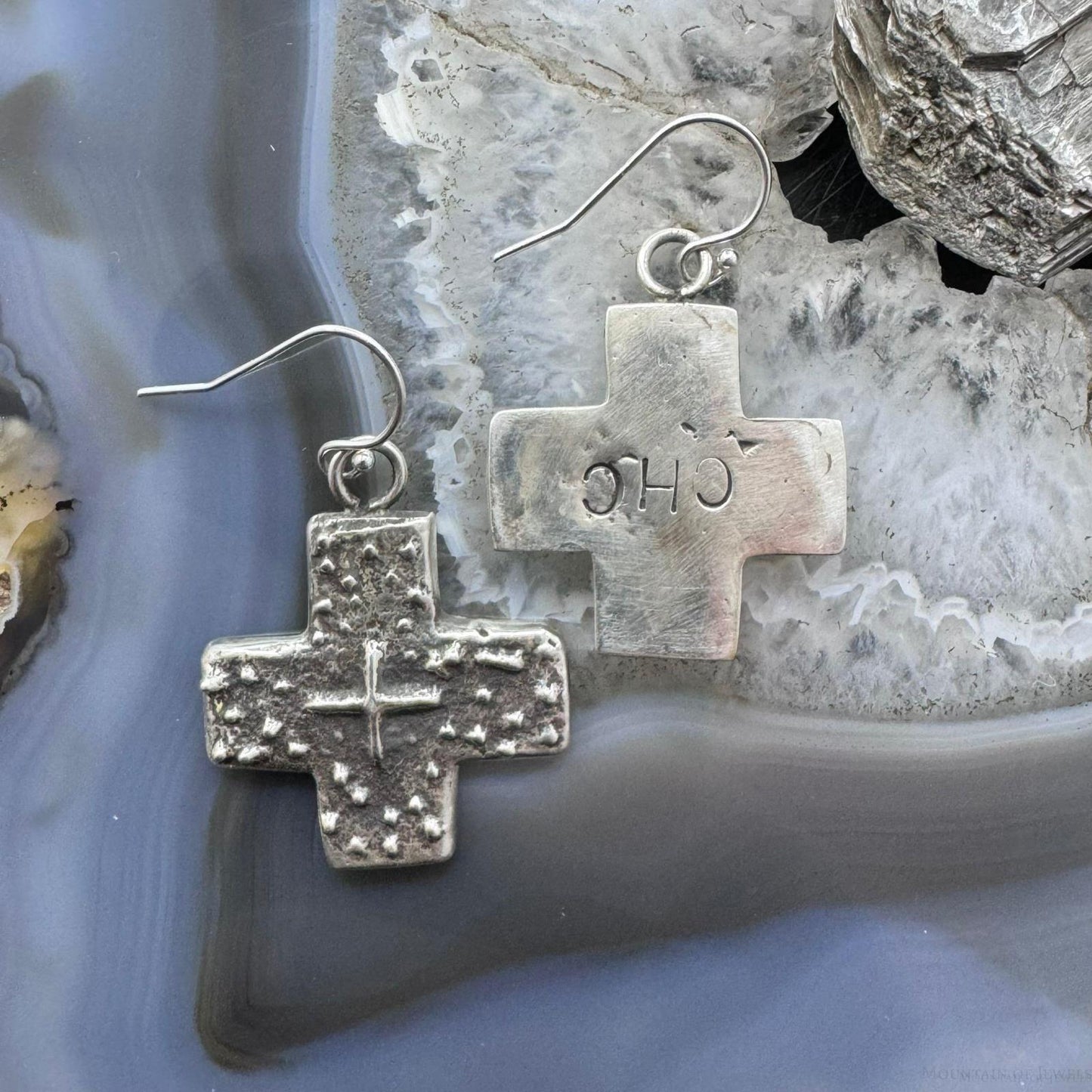 Cheyenne Custer Sterling Silver Tufa Cast Cross Dangle Earrings For Women