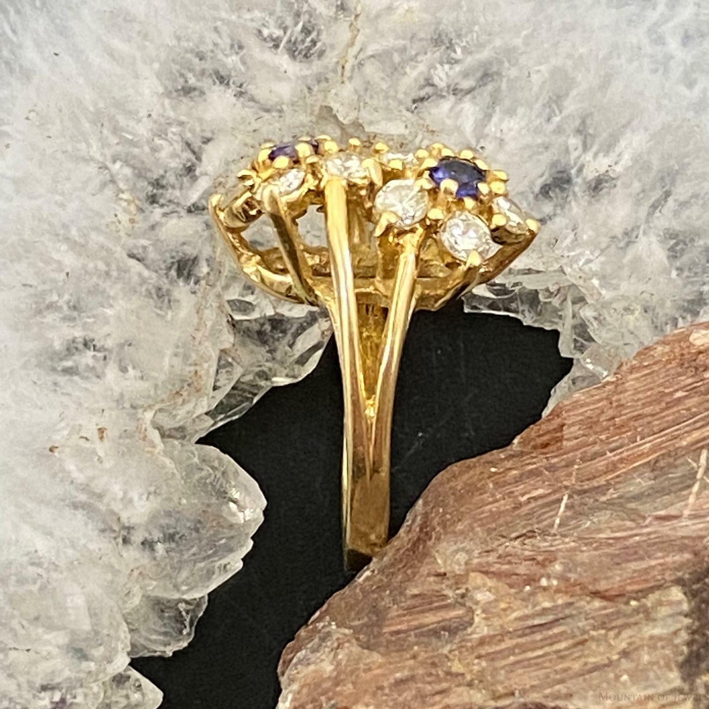 Vintage 14K Yellow Gold Diamonds & Sapphire Floral Lady's Ring Sz 4.5 For Women