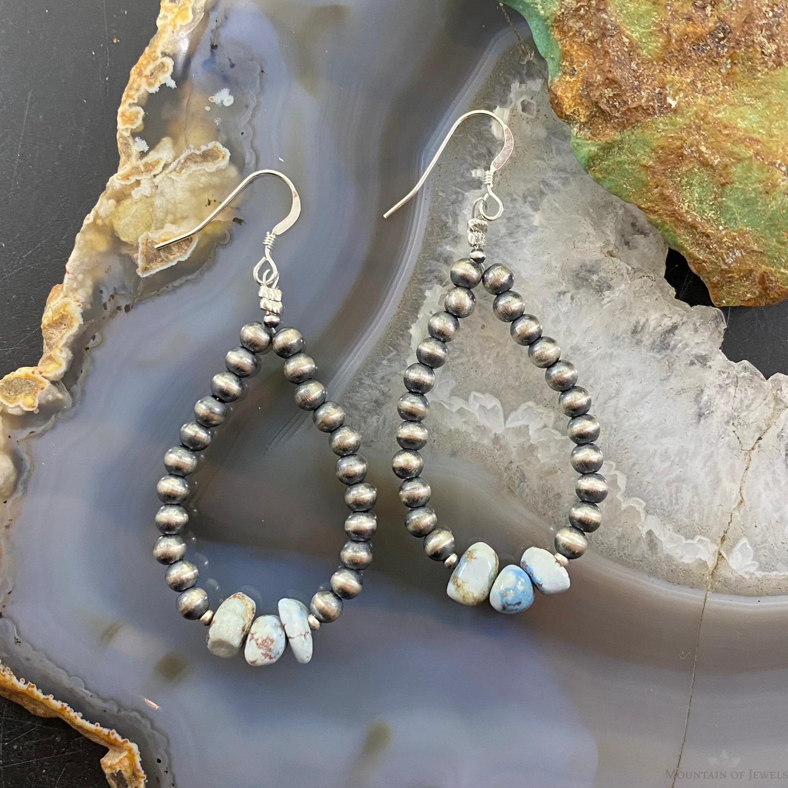 Navajo Turquoise good & Sterling Silver Pearl Beaded Dangle Earrings