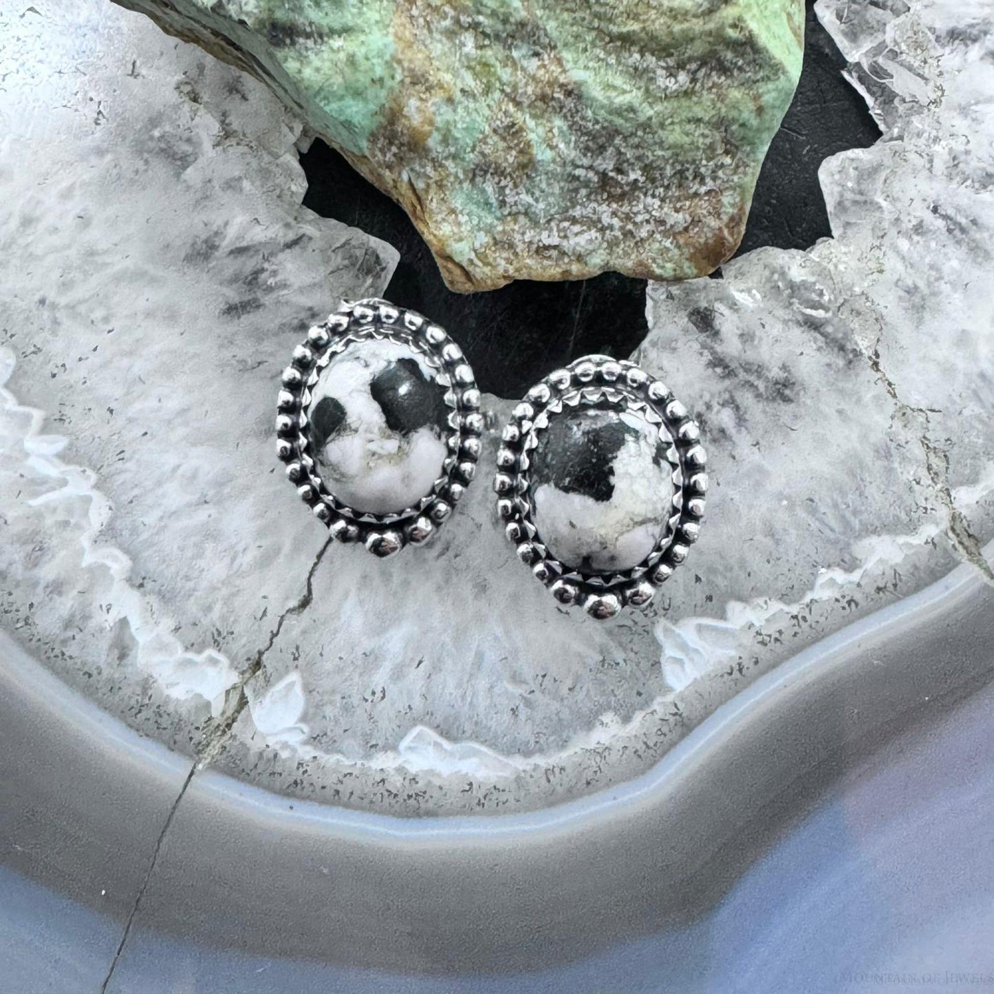 Sterling Silver Southwestern Style Oval White Buffalo Stud Earrings For Women