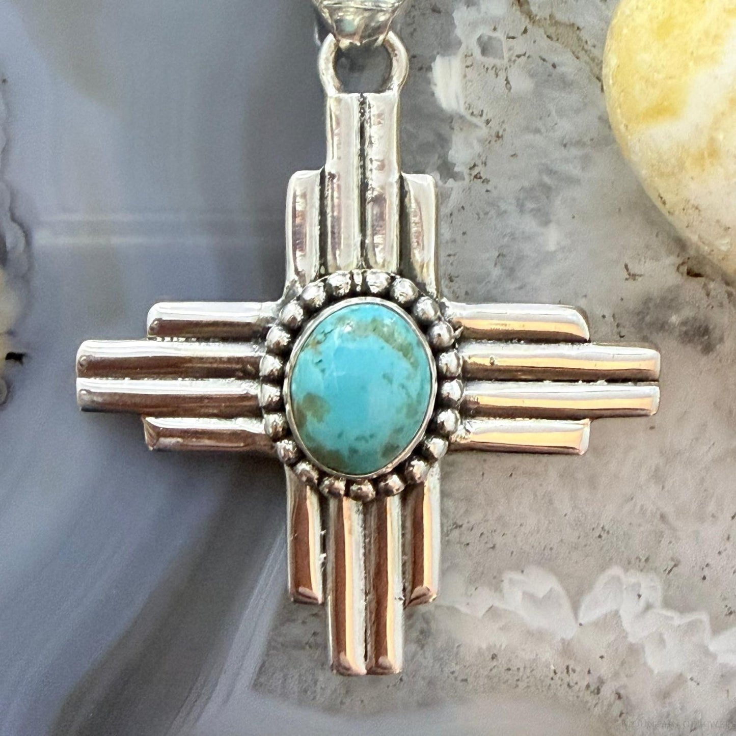 Sterling Silver Southwestern Style Oval Mohave Turquoise Unisex Zia Pendant #1