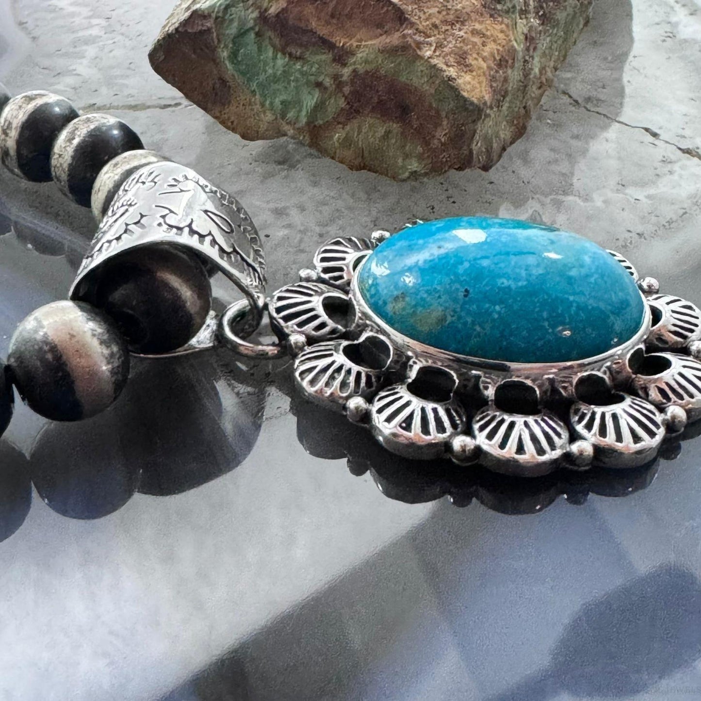 Native American Sterling Silver Oval Turquoise Decorated Pendant For Women