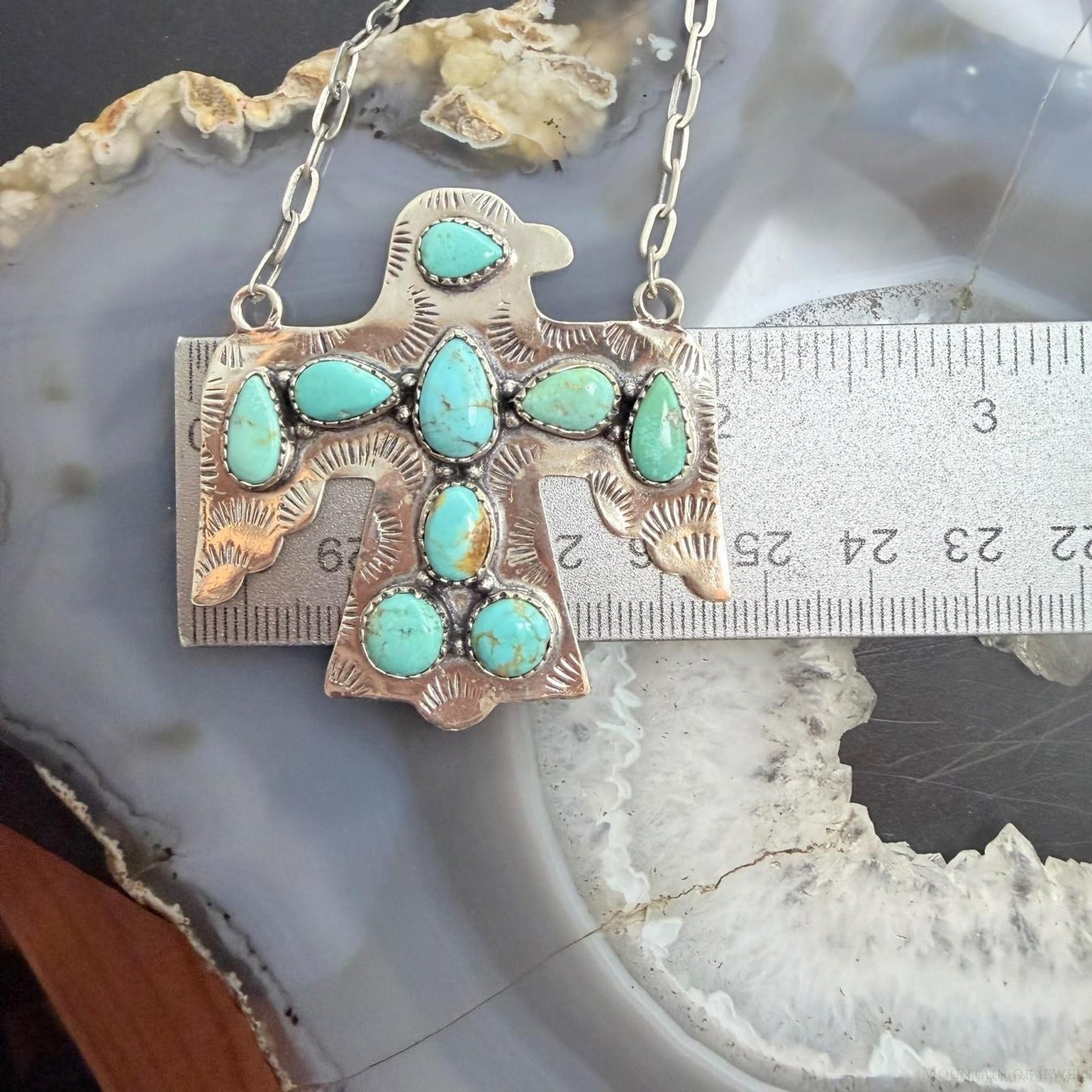 Sterling Silver Southwestern Style Kingman Turquoise Thunderbird Pendant Necklace For Women #1