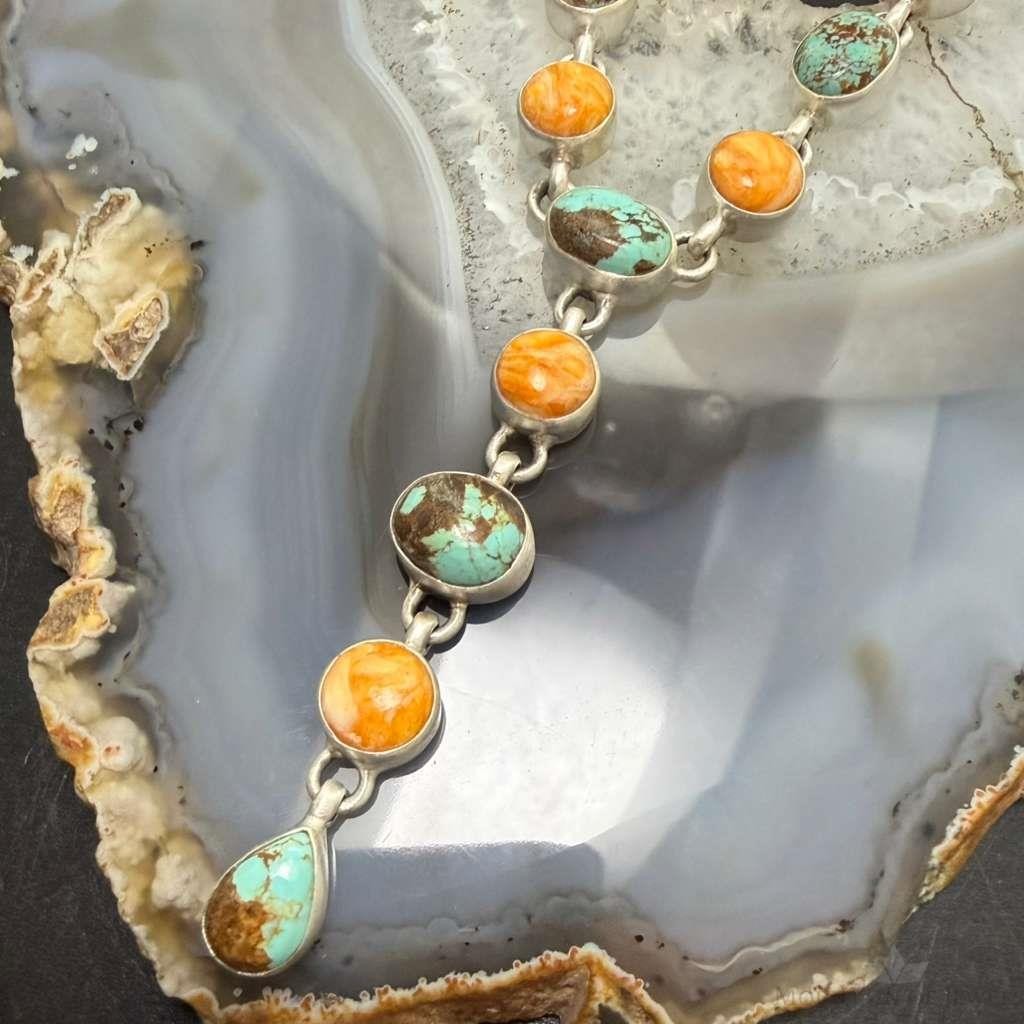 Sterling Silver Southwestern Style Turquoise & Spiny Oyster Lariat 24" Necklace For Women