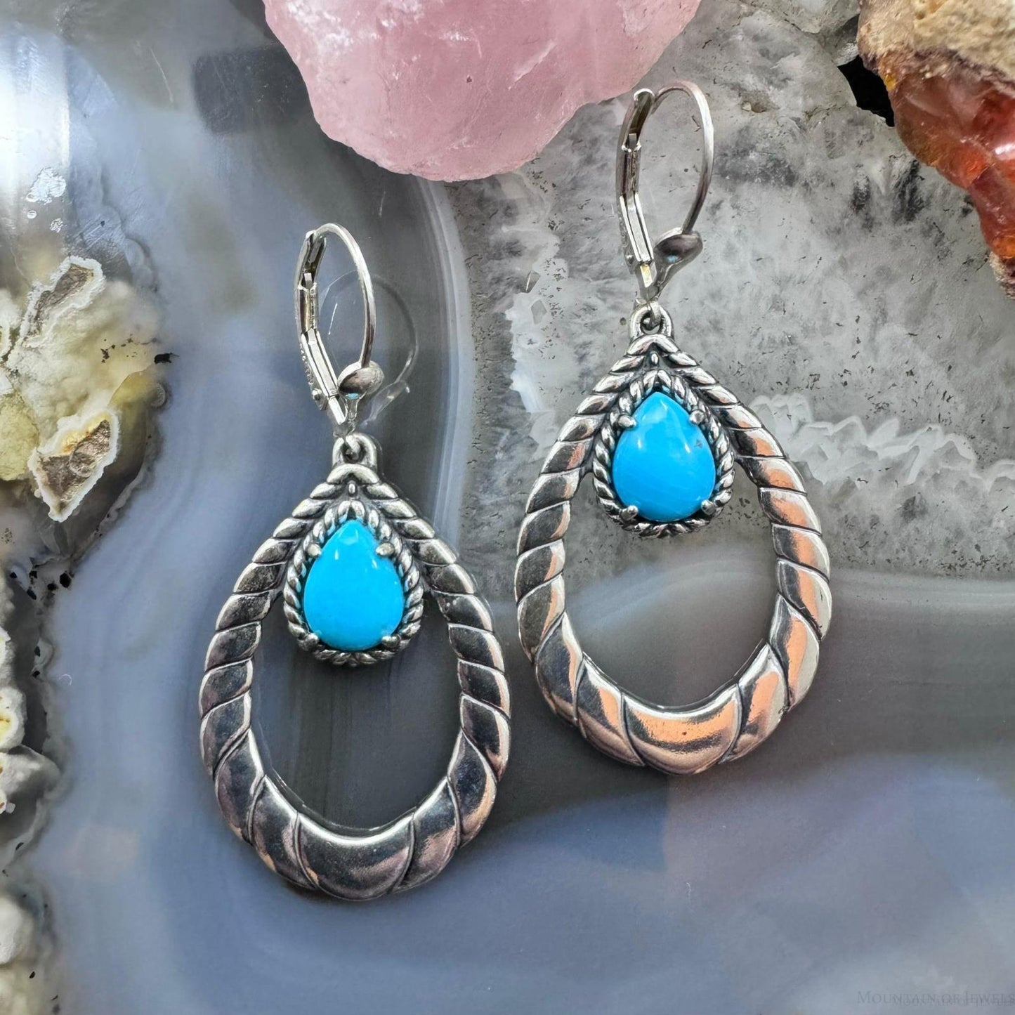 Carolyn Pollack Sterling Silver Teardrop Sleeping Beauty Turquoise Hoop Dangle Earrings For Women