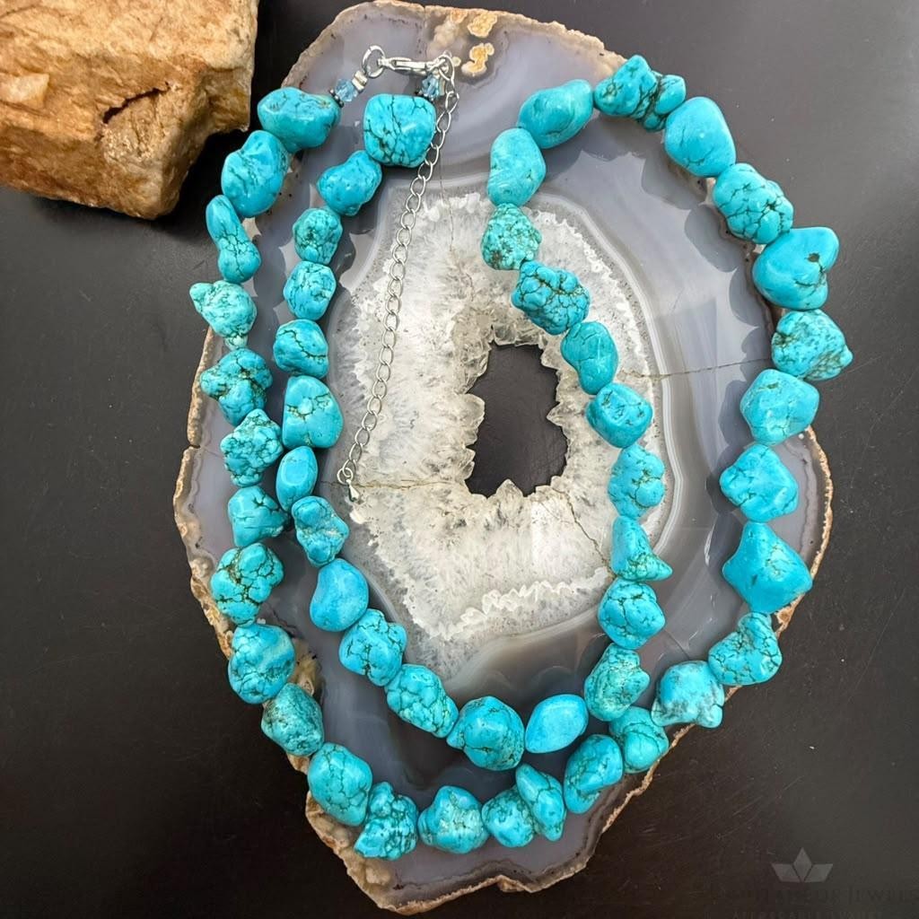 Vintage Native American Rough Natural Turquoise 29" Necklace For Women
