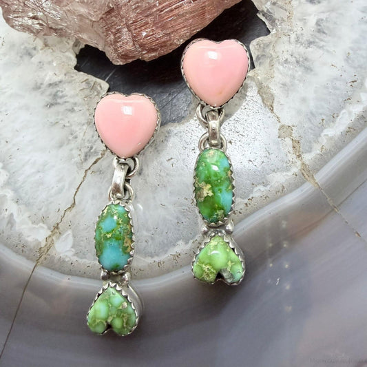 Sterling Silver Southwestern Style Sonora Gold Turquoise & Pink Conch Dangle Earrings For Women