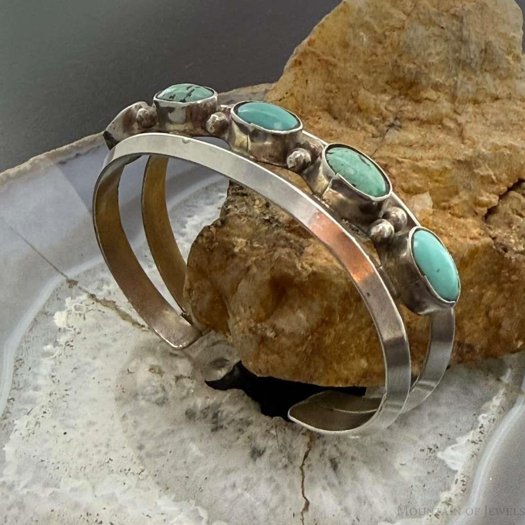 Vintage Native American Silver 5 Oval Turquoise Single Row Bracelet For Women