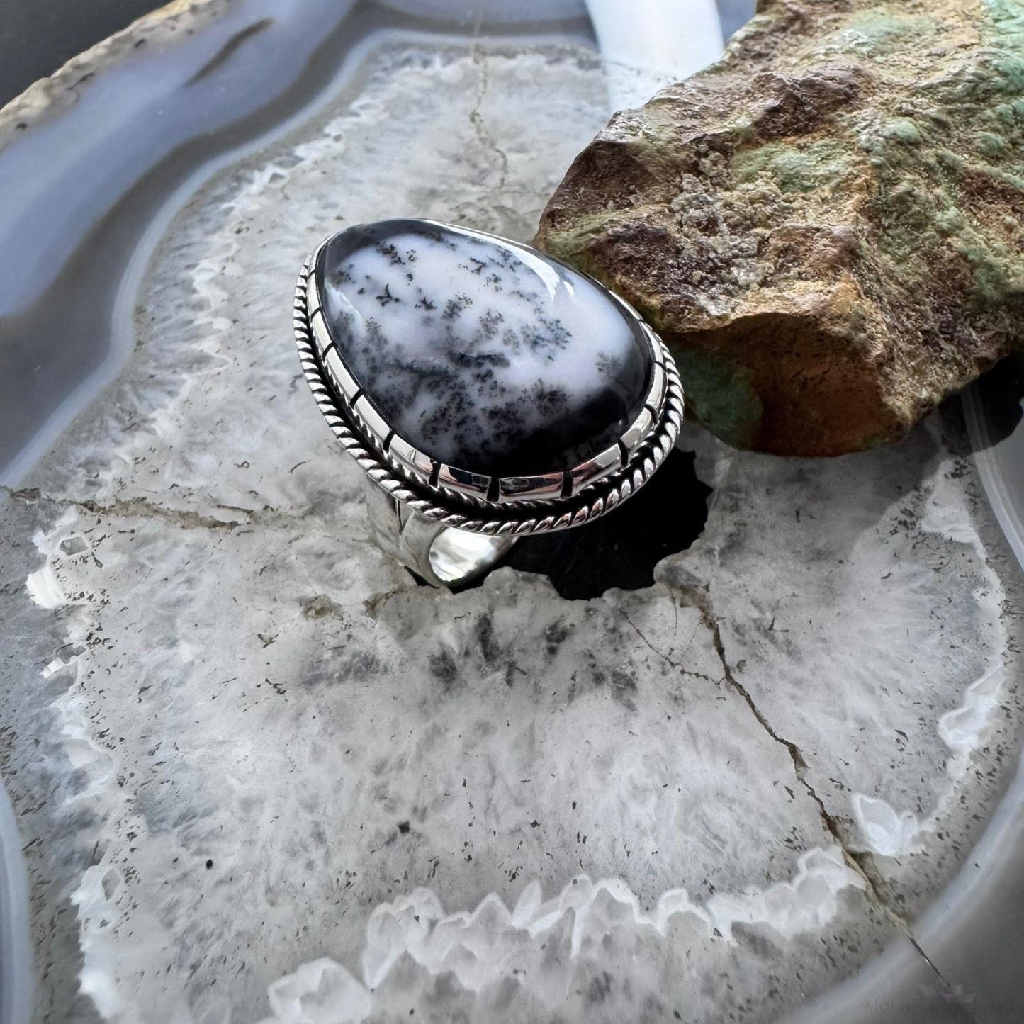 Sterling Silver Southwestern Style Large Teardrop Dendrite Agate Ring Size 10 For Women
