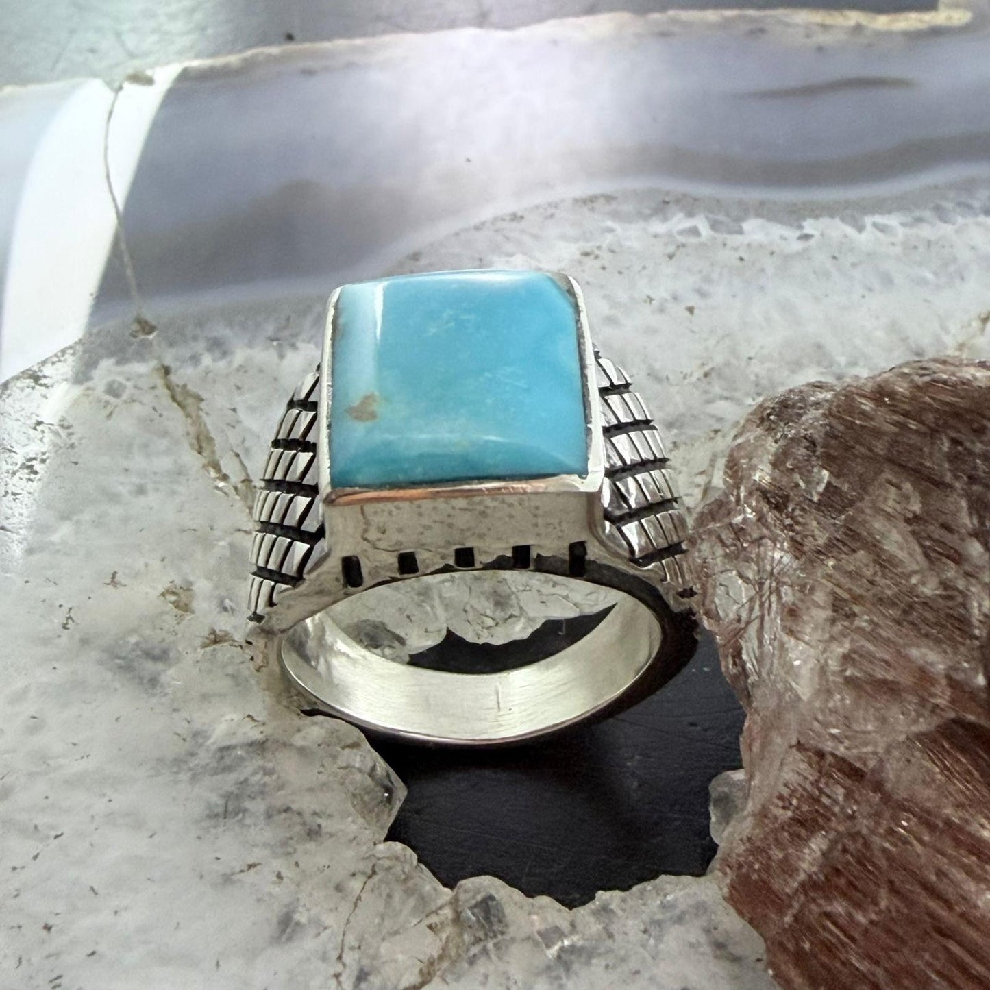 Native American Sterling Silver Rectangle Kingman Turquoise Decorated Ring Size 10 For Men