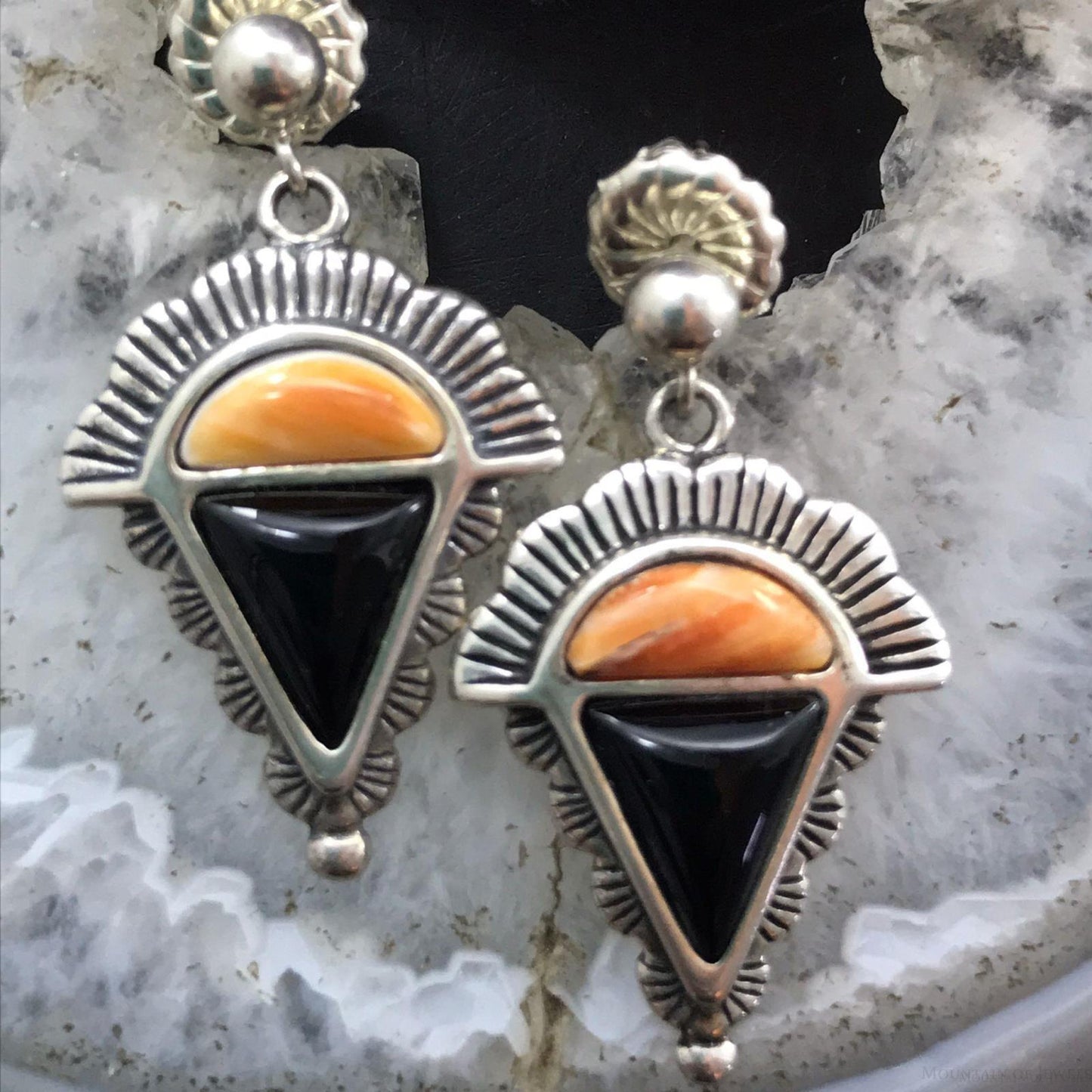 Carolyn Pollack Sterling Silver Orange Spiny Oyster & Onyx Decorated Dangle Earrings