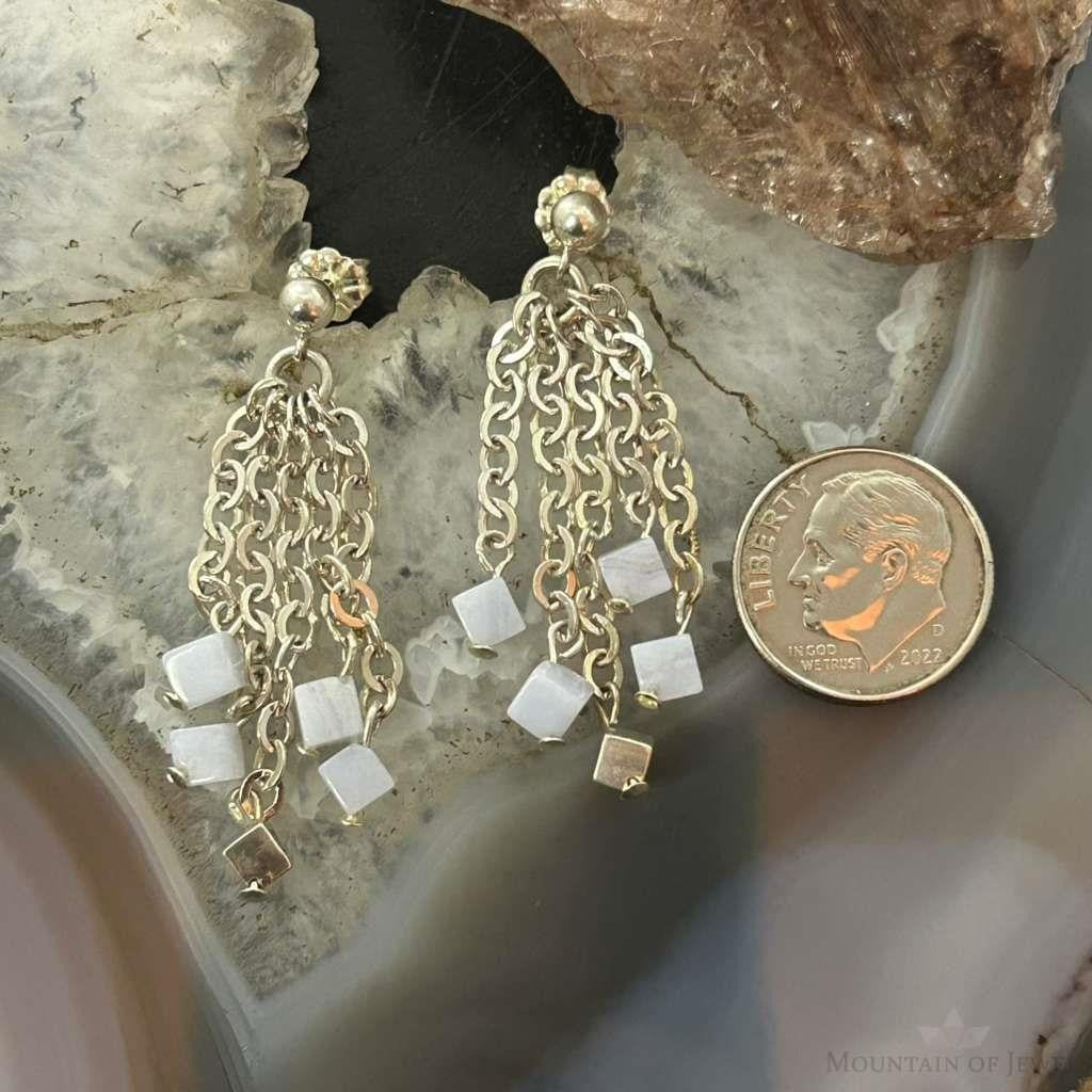 Carolyn Pollack Sterling Silver Tiny Blue Lace Agate Cube Bead Chandelier Earrings For Women