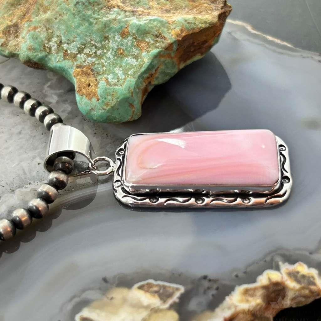 Native American Sterling Silver Rectangle Pink Conch Decorated Pendant For Women