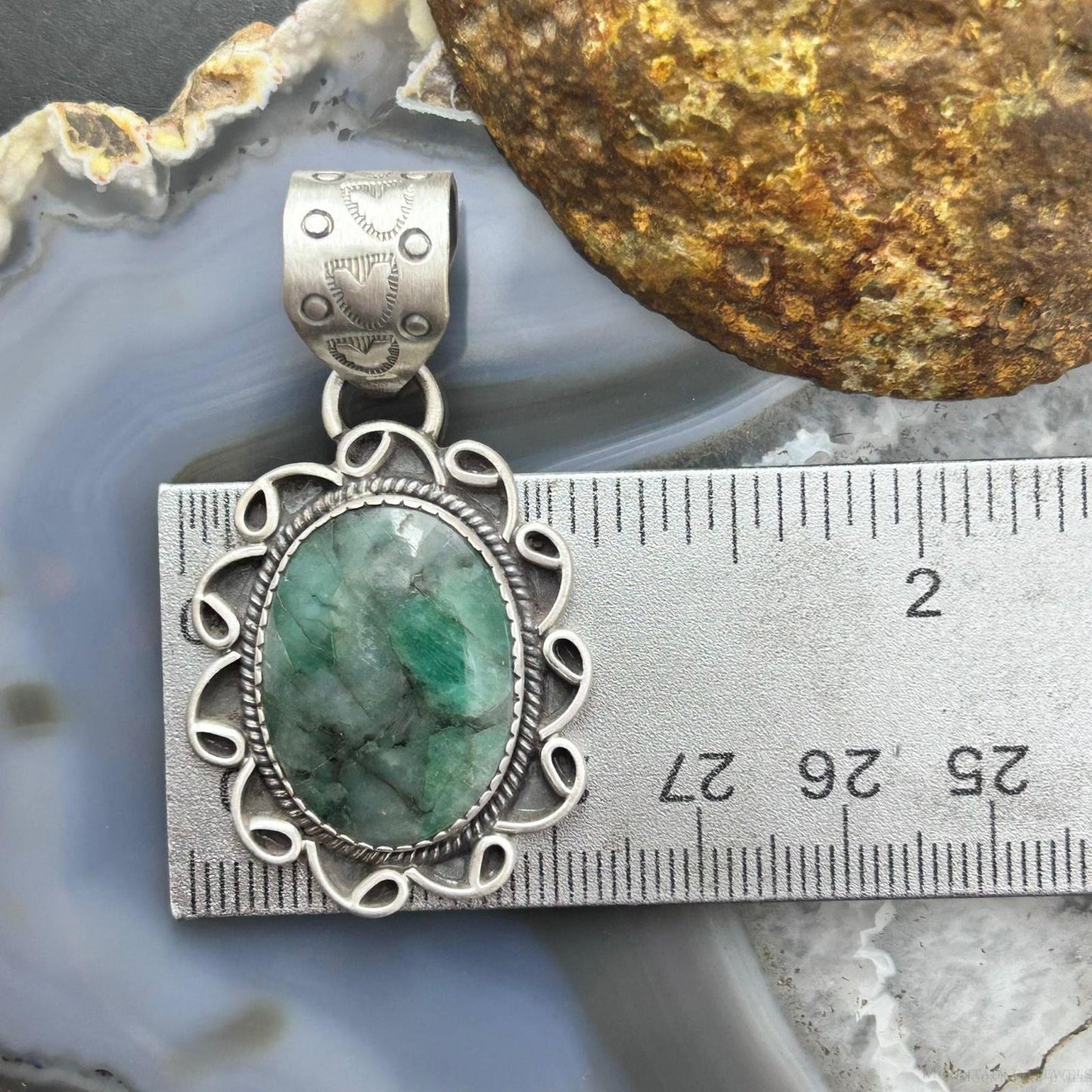 Sterling Silver Southwestern Style Oval Emerald Decorated Pendant For Women #1