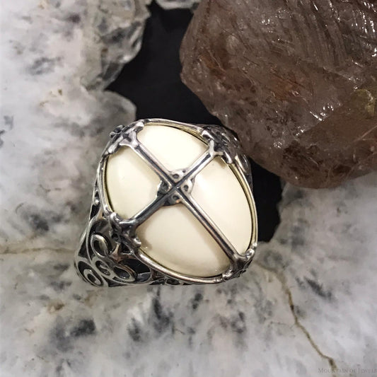 Carolyn Pollack Sterling Silver Oval White Jasper Decorated Cross Ring For Women