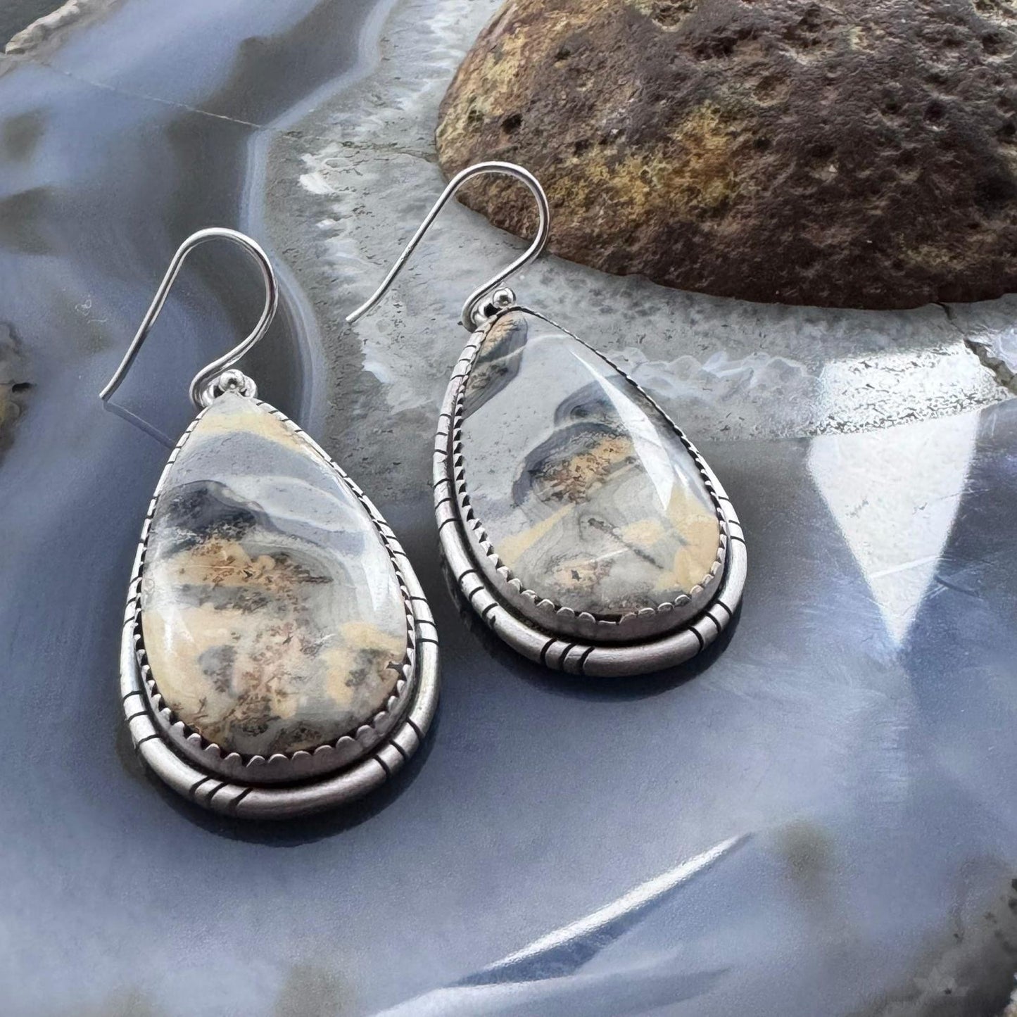 Sterling Silver Southwestern Style Teardrop Maligano Jasper Dangle Earrings For Women #3