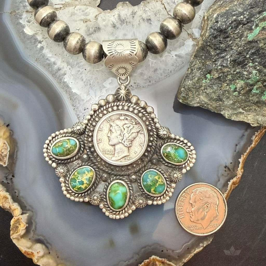 Sterling Silver Southwestern Style 1944 Mercury Dime & Sonora Gold Turquoise Pendant