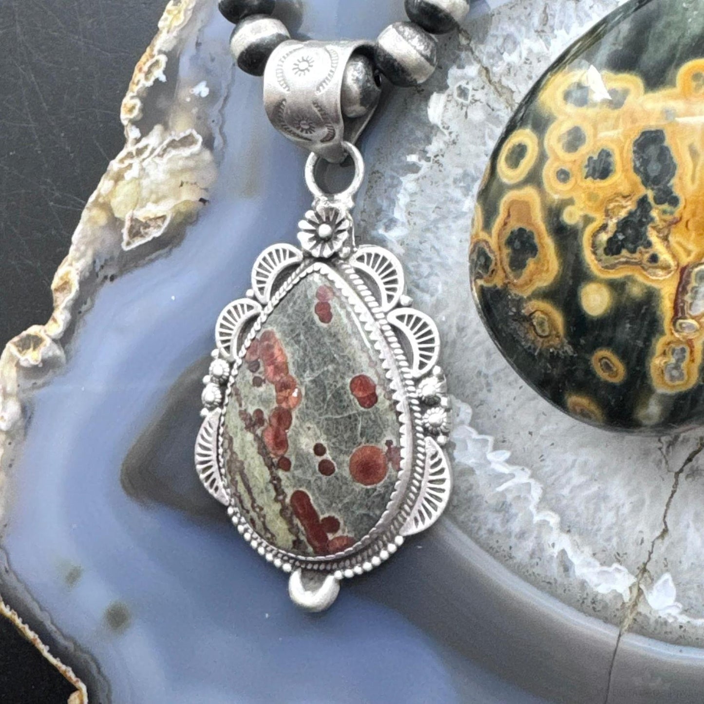 Sterling Silver Southwestern Style Elongated Teardrop Peanut Obsidian Pendant For Women