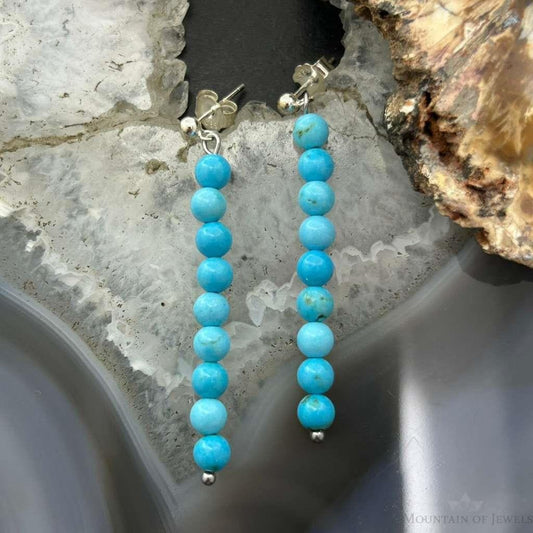 Sterling Silver 9 Rounded Turquoise Beads Long Dangle Earrings For Women