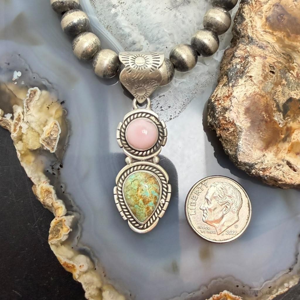 Sterling Silver Southwestern Style Pink Conch & Turquoise Pendant For Women #1