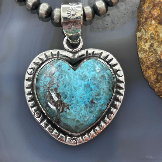 Sterling Silver Southwestern Style Chrysocolla Decorated Heart Pendant For Women