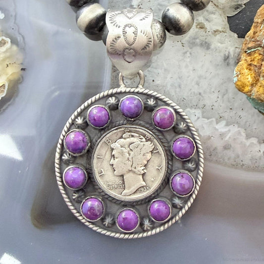 Genuine 1935 90% Silver Mercury Dime Coin w/Purple Dahlia Decorated Unisex Pendant