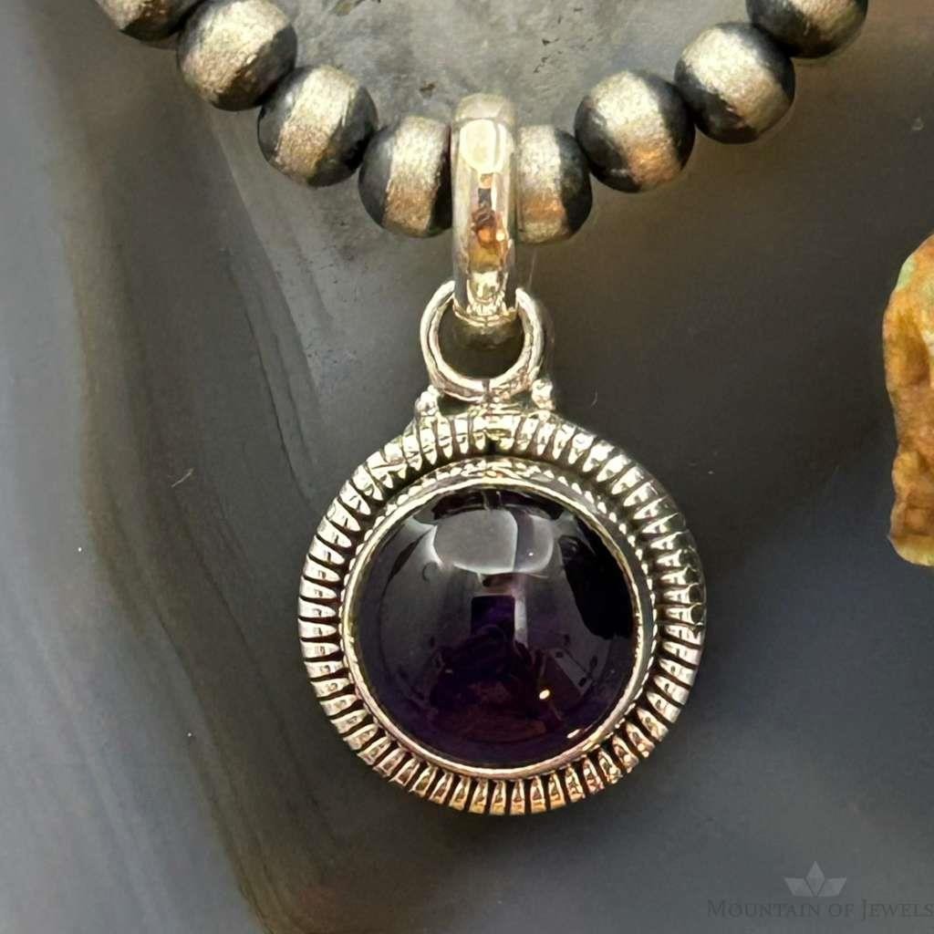 Sterling Silver Southwestern Style Round Amethyst Decorated Charm/Pendant For Women