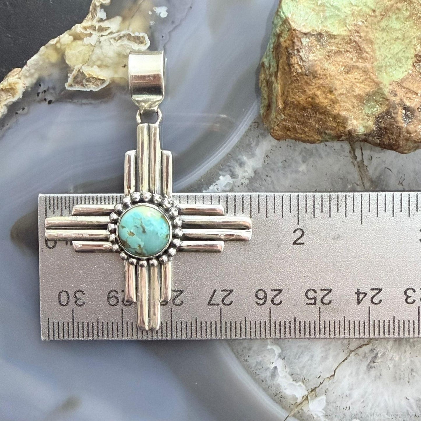 Sterling Silver Southwestern Style Rounded Turquoise Unisex Zia Pendant
