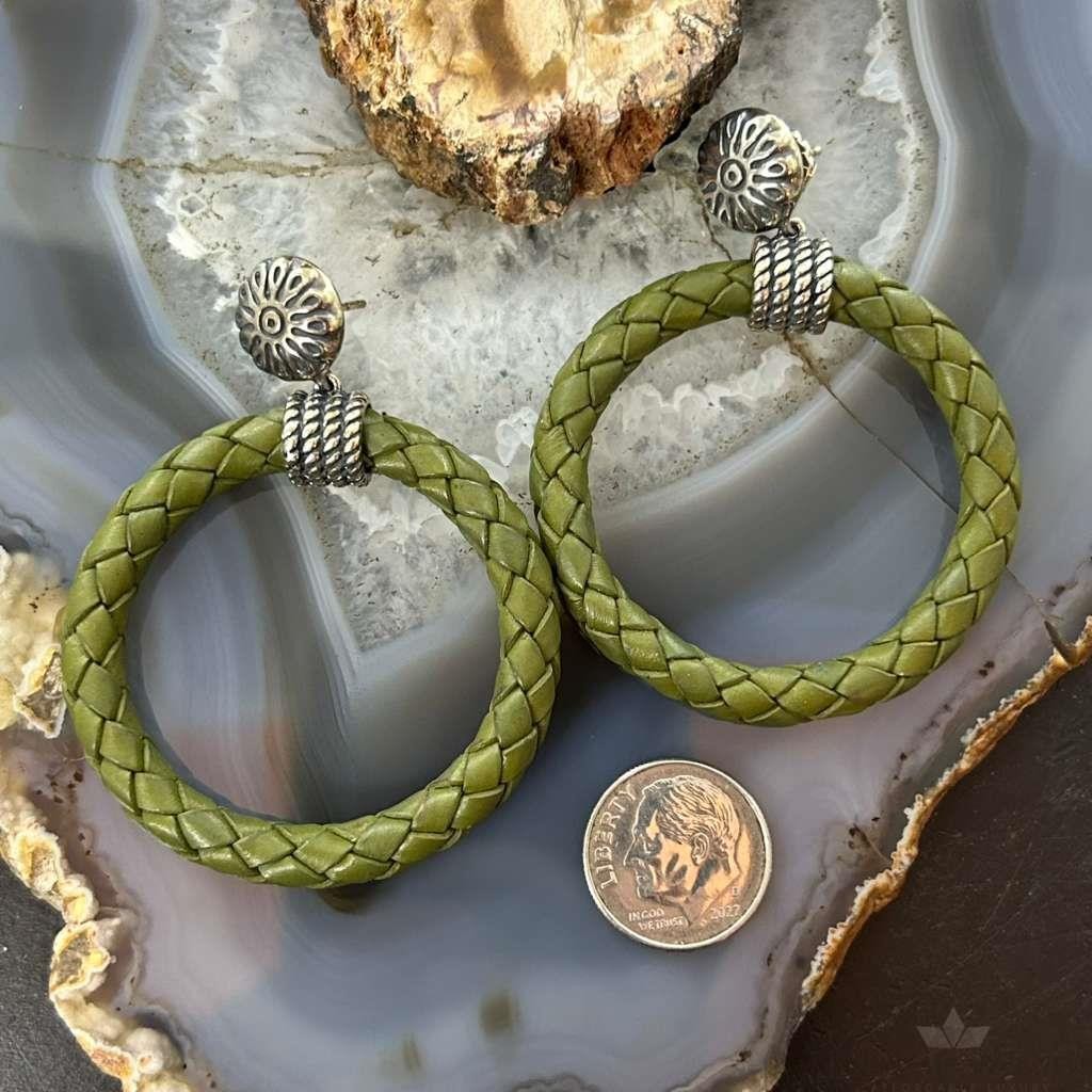 Carolyn Pollack Sterling Silver Olive Green Braided Leather Hoop Earrings For Women