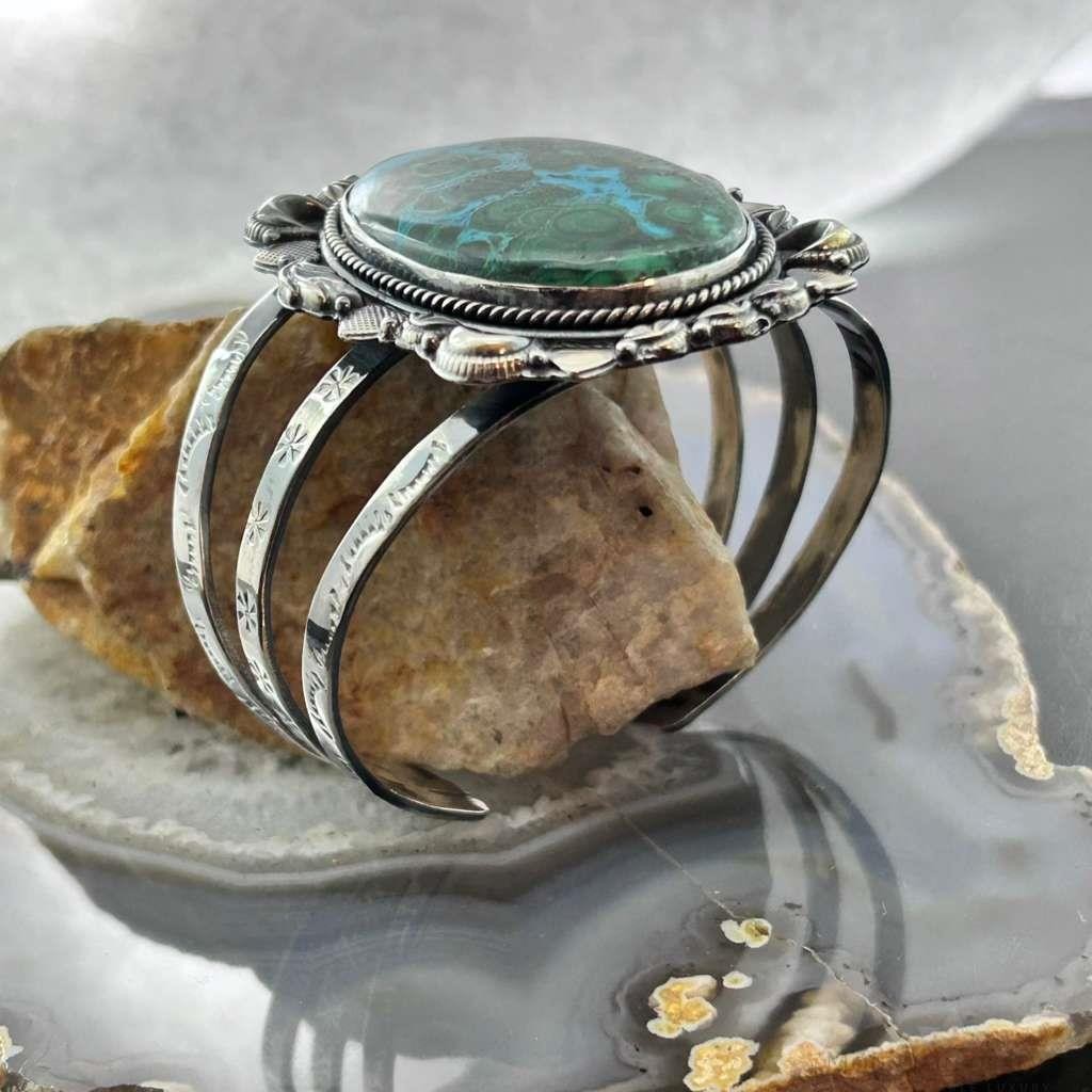 Sterling Silver Southwestern Style Large Oval Azurite Malachite Bracelet For Women