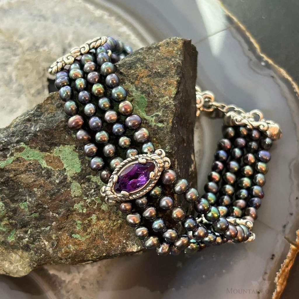 Carolyn Pollack Vintage Sterling Silver Amethyst & Pearls Toggle Bracelet For Women